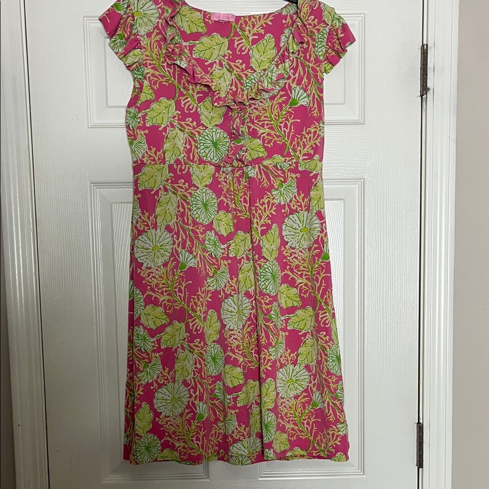Lilly Pulitzer Pink Green Leaf Print Ruffle Neck Dress | Tropical Shift Dress L